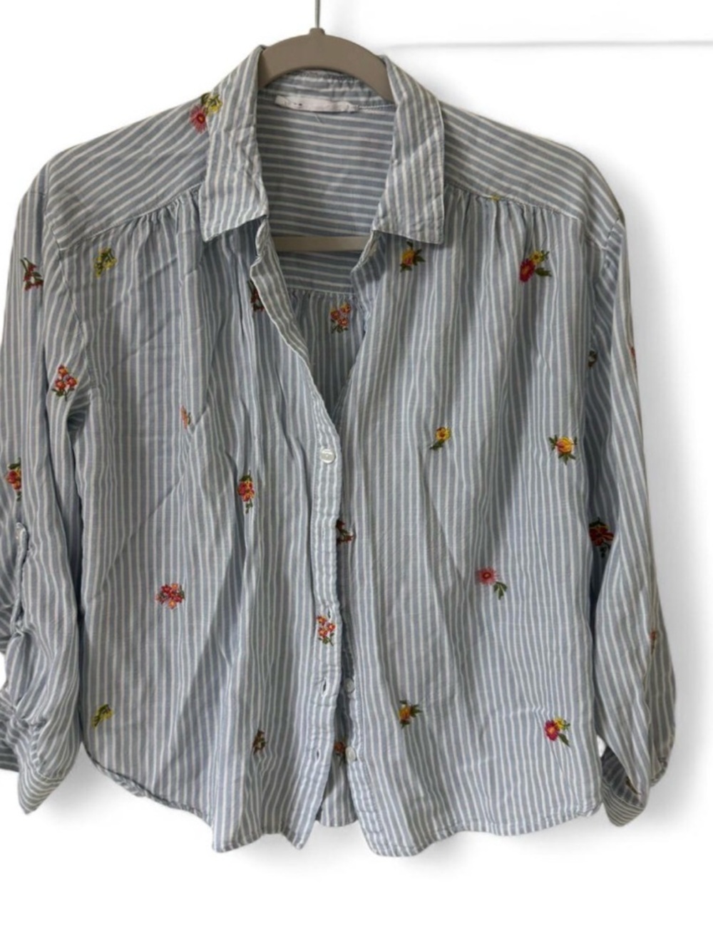 Jane and Delancey Blue and White Striped Floral Button-Up Blouse